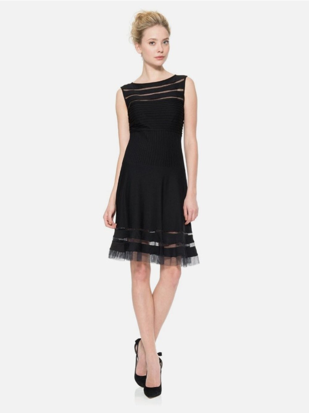 Tadashi Shoji Cutout Boatneck Cocktail Dress Black LBD A-Line Sheer Sz Small